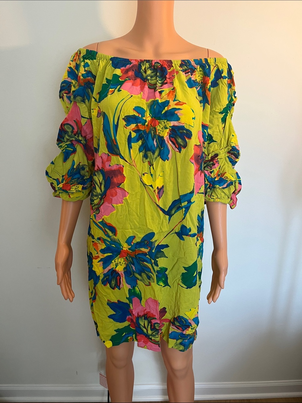 Bright Off-Shoulder Floral Mini Dress in Yellow with Pink & Blue Accents